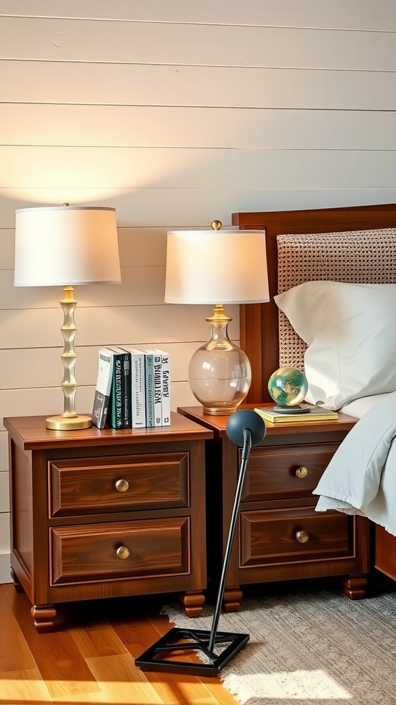 Two stylish dark wood nightstands with lamps, books, and a globe in a coastal bedroom setting.