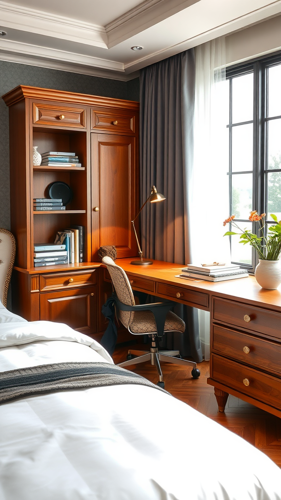 A stylish wooden desk with a cozy chair in a bedroom setting, featuring books and decor on shelves.
