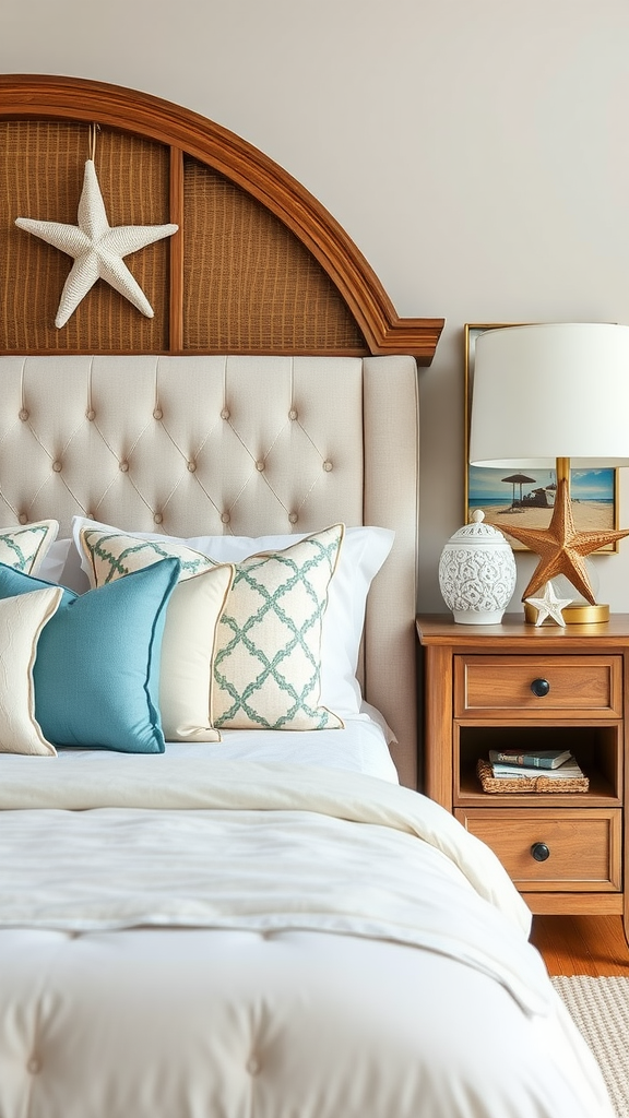 Cozy coastal bedroom with stylish nightstand and decorative elements