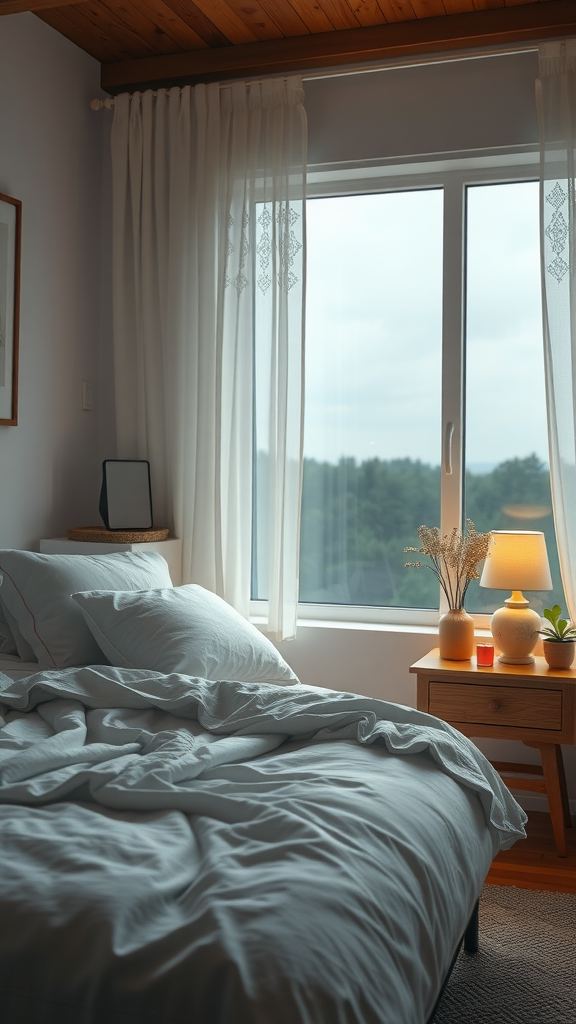 Cozy bedroom with soft lighting and inviting bed