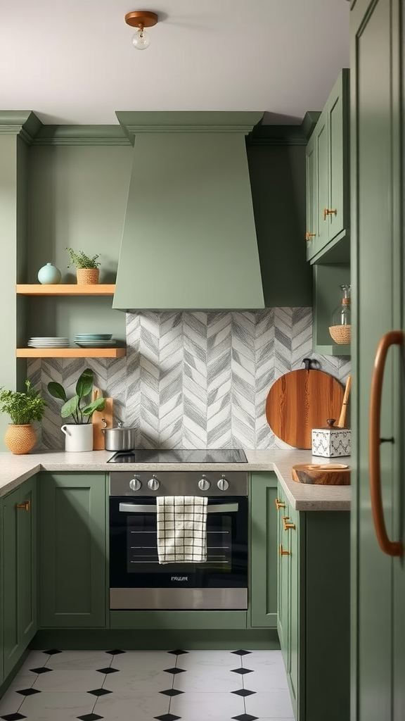 A stylish sage green kitchen with a geometric chevron backsplash, modern cabinets, and plants.