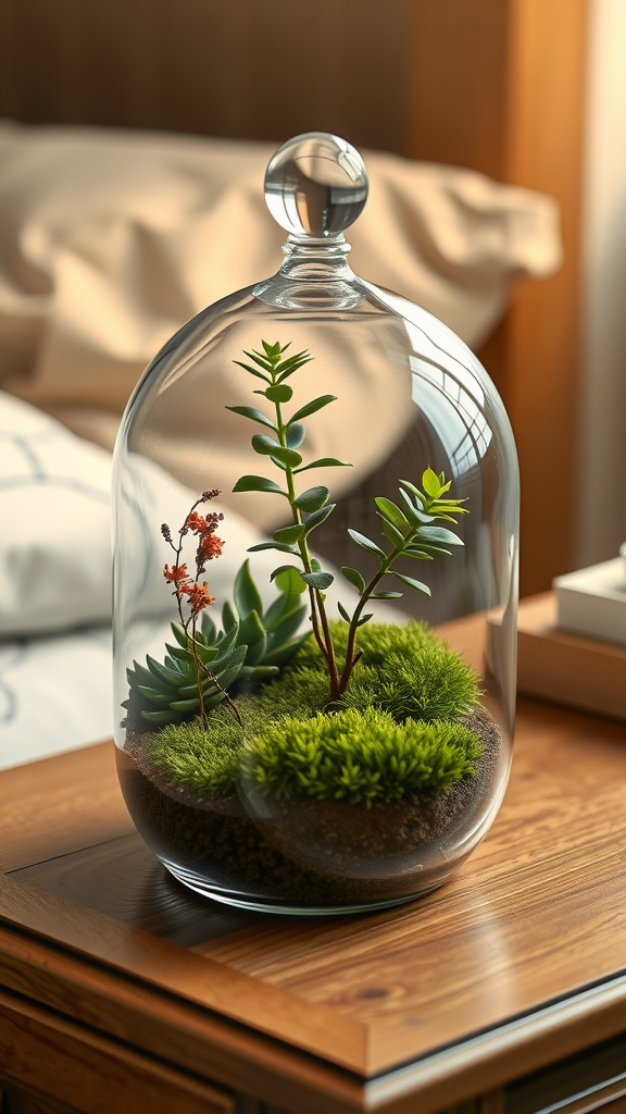 A glass terrarium with small plants and moss inside, placed on a bedside table.