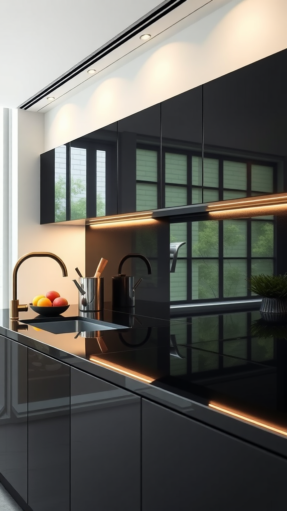 A modern kitchen featuring glossy ebony panels with golden accents and a fruit bowl.