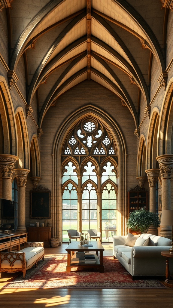 A Gothic-inspired living room featuring a vaulted ceiling and intricate stained glass windows.