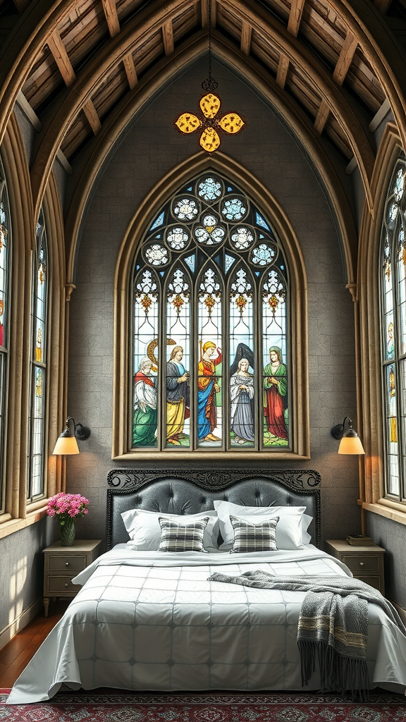 A gothic-style bedroom featuring arched ceilings and stained glass windows
