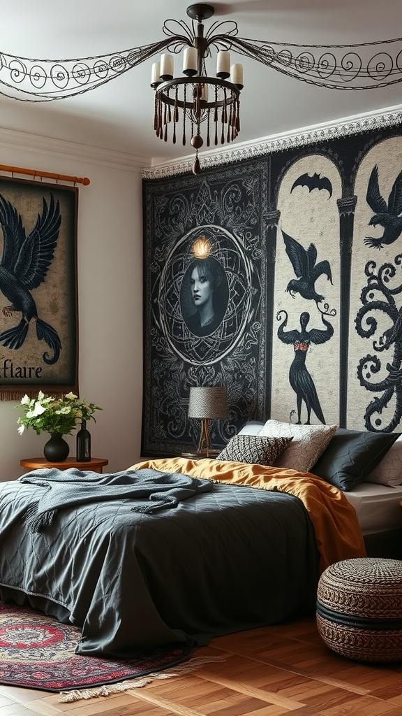 A cozy gothic-style bedroom featuring dark tapestries, a vintage chandelier, and textured bedding.