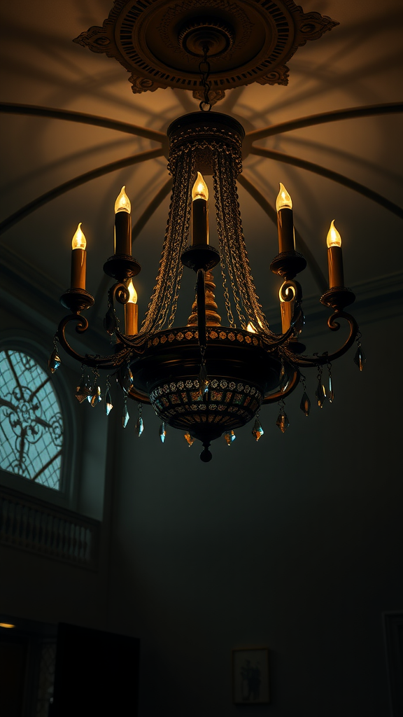 A gothic-style chandelier with multiple candle-like lights and decorative details, hanging in a softly lit room.