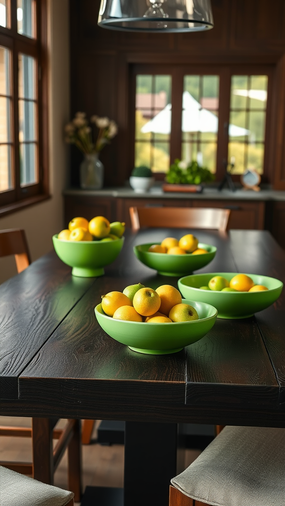 Green fruit bowls filled with fruits on a dark wood table in a kitchen.