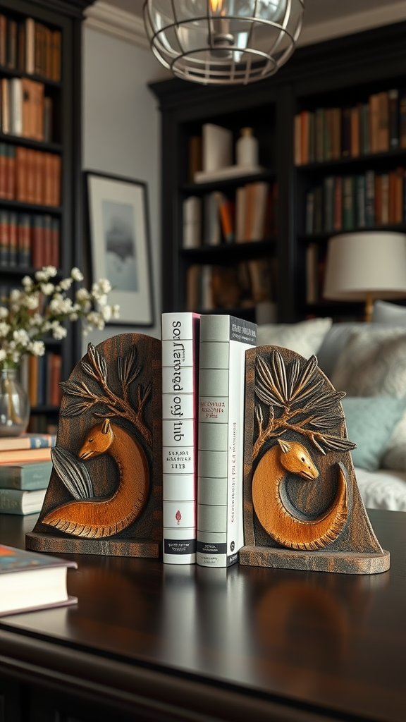 Handcrafted wooden bookends featuring carved animal motifs in a cozy library setting.