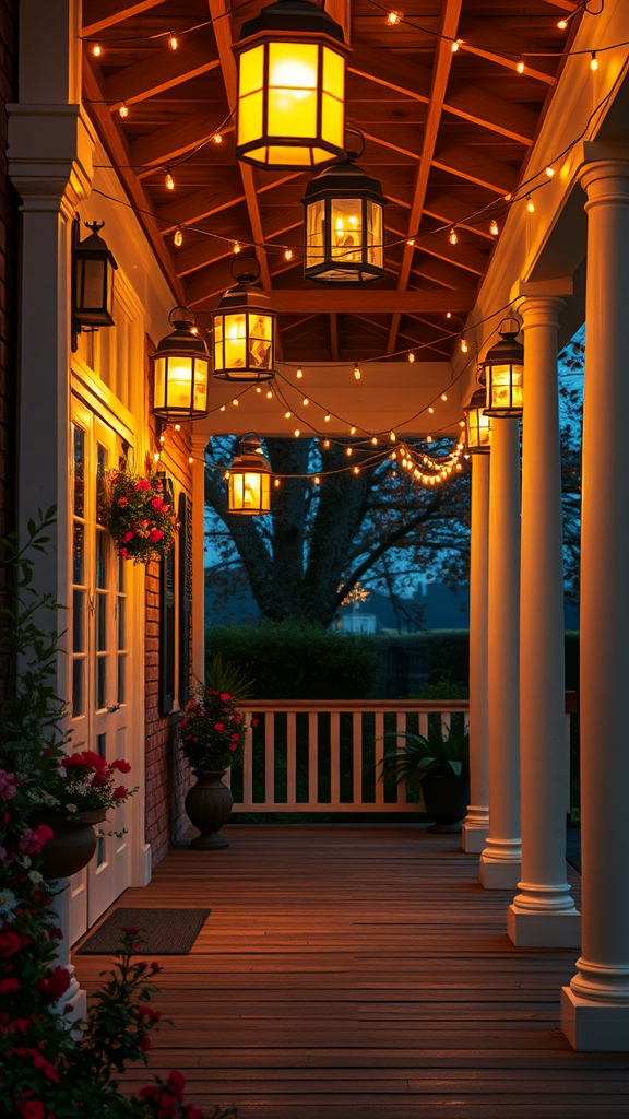 A beautifully lit porch with hanging lanterns and string lights.