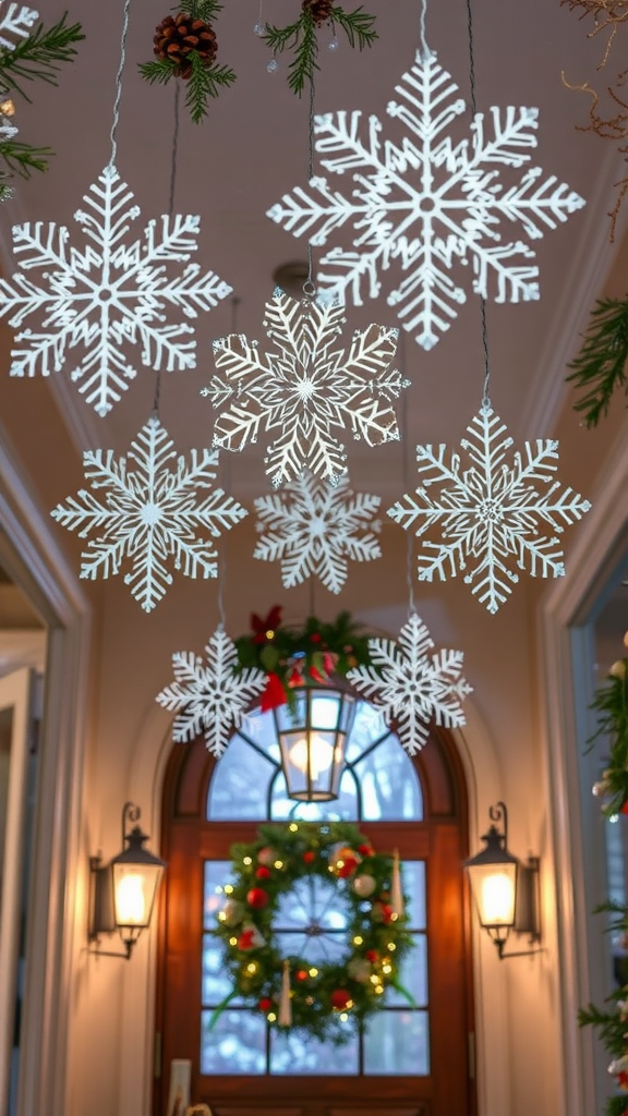 Hanging snowflake ornaments in a festive entryway with a wreath