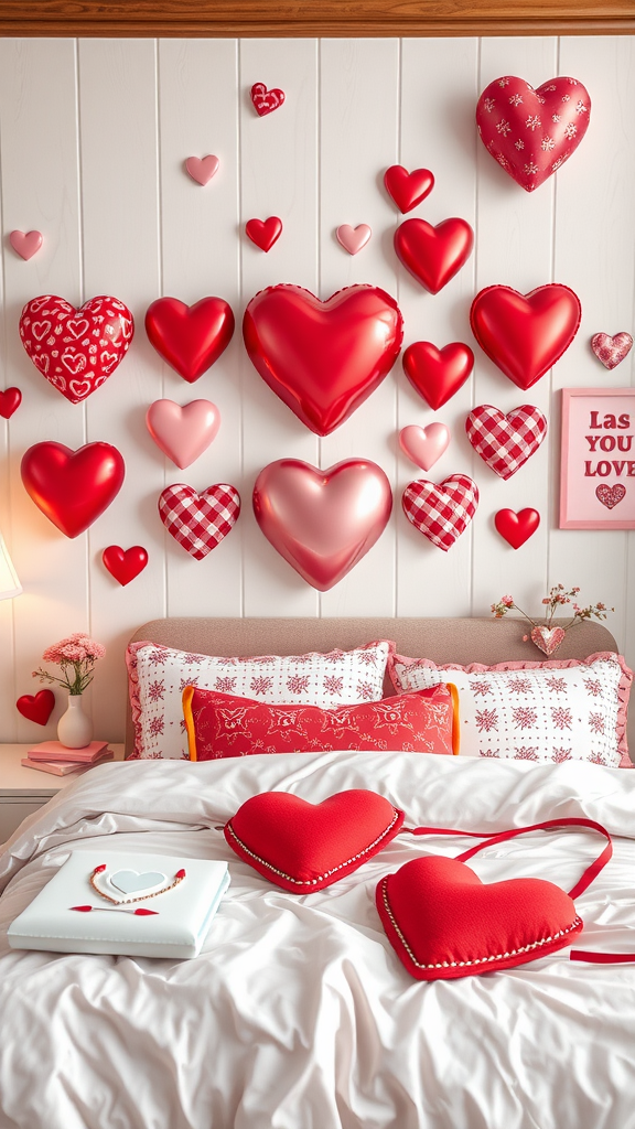 A cozy bedroom decorated with heart-shaped balloons and pillows, creating a romantic atmosphere.