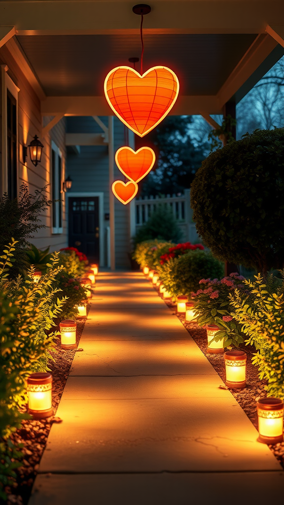 A porch decorated with heart-shaped garden lights hanging above a walkway, illuminated lanterns lining the path, surrounded by plants and flowers. valentine porch decorating ideas