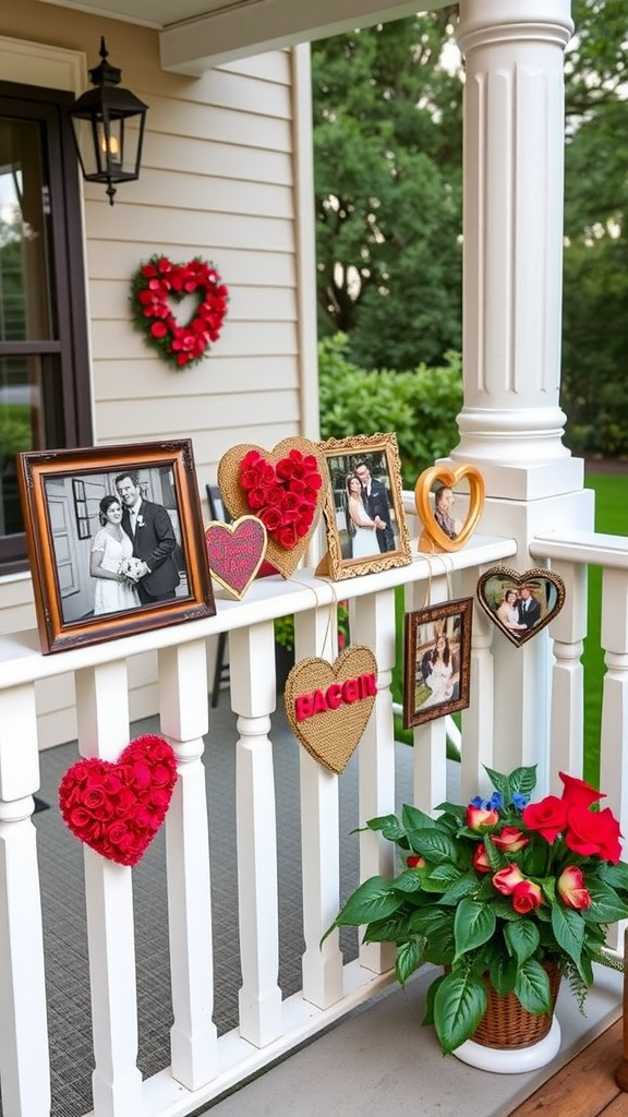A porch railing decorated with colorful letters spelling 'BLOOP' and framed photos of couples.