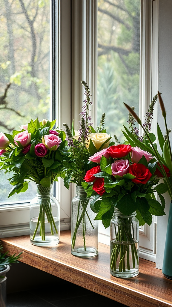 Three flower bouquets in jars on a windowsill with sunlight.