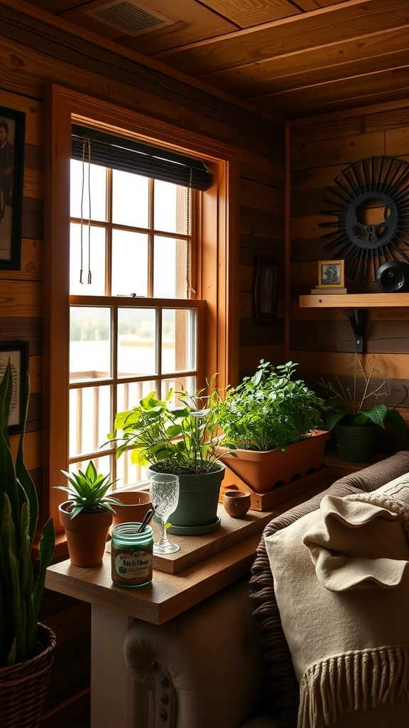 A cozy windowsill with various potted herbs and plants in a cowboy living room.