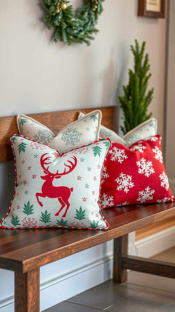 Holiday-themed throw pillows featuring a reindeer and snowflakes on a wooden bench.