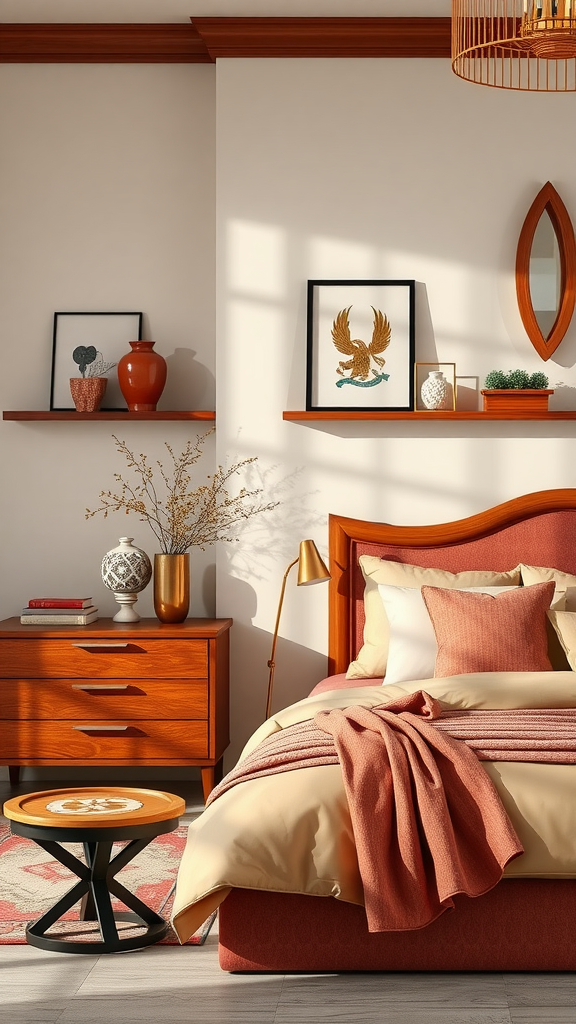 A warm and inviting cherry bedroom with cherry wood furniture and stylish decor.