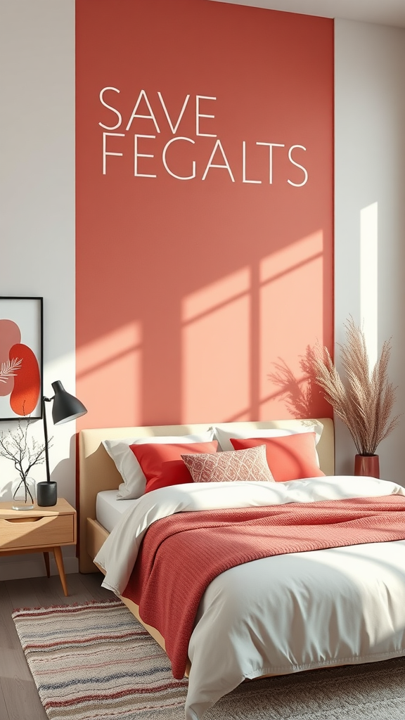 A modern coral bedroom featuring a coral wall, cozy bedding, and stylish decor.