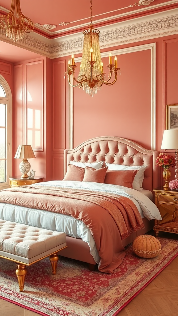 A beautifully designed coral bedroom featuring warm coral walls, plush bedding, and elegant gold accents.