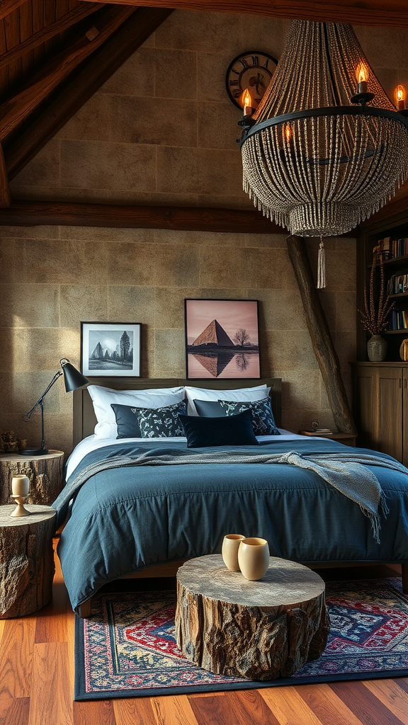 Cozy bedroom with natural wooden features and elegant chandelier