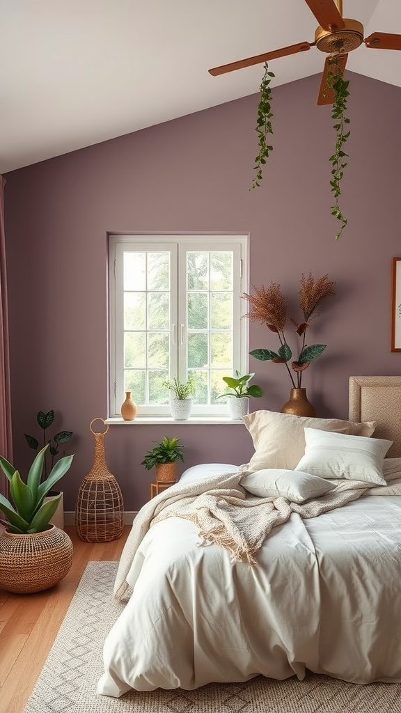 A cozy mauve bedroom featuring natural elements like plants and wooden furniture.