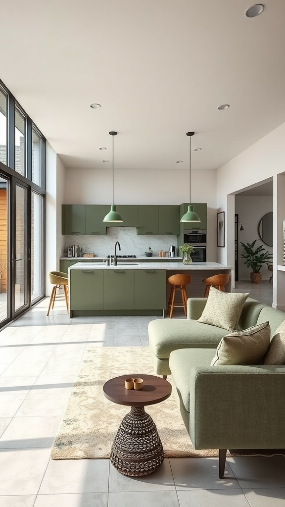 A bright open concept kitchen and living space featuring sage green cabinetry and furniture.