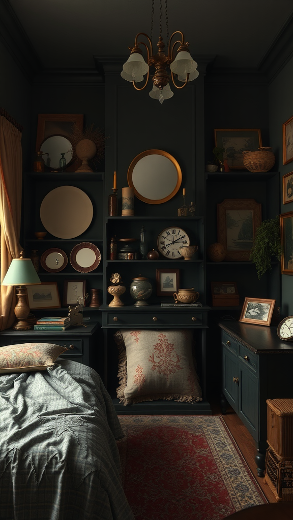 A cozy dark bedroom featuring vintage decor elements.