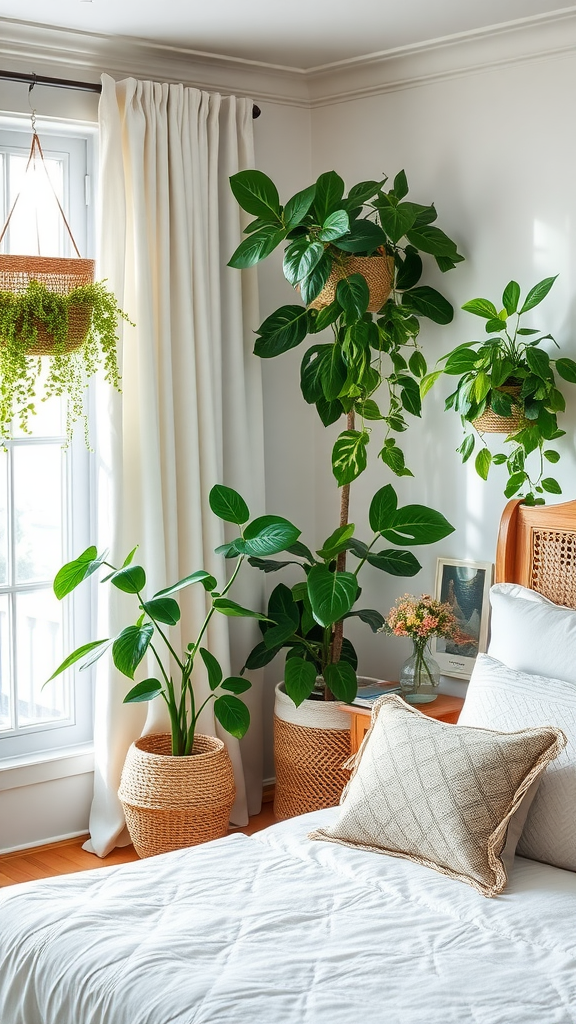 A cozy coastal bedroom featuring various indoor plants near a window, enhancing the lively atmosphere.