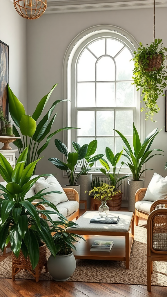 A cozy living room filled with various indoor plants, featuring a large window and comfortable seating.