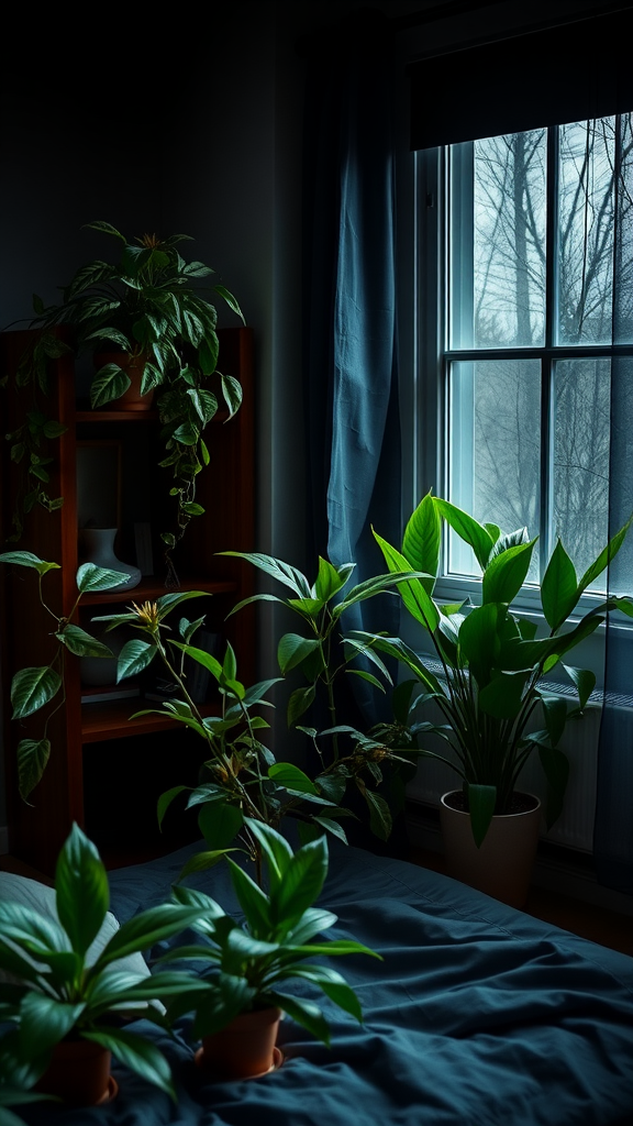 Dark cozy bedroom with indoor plants near a window.