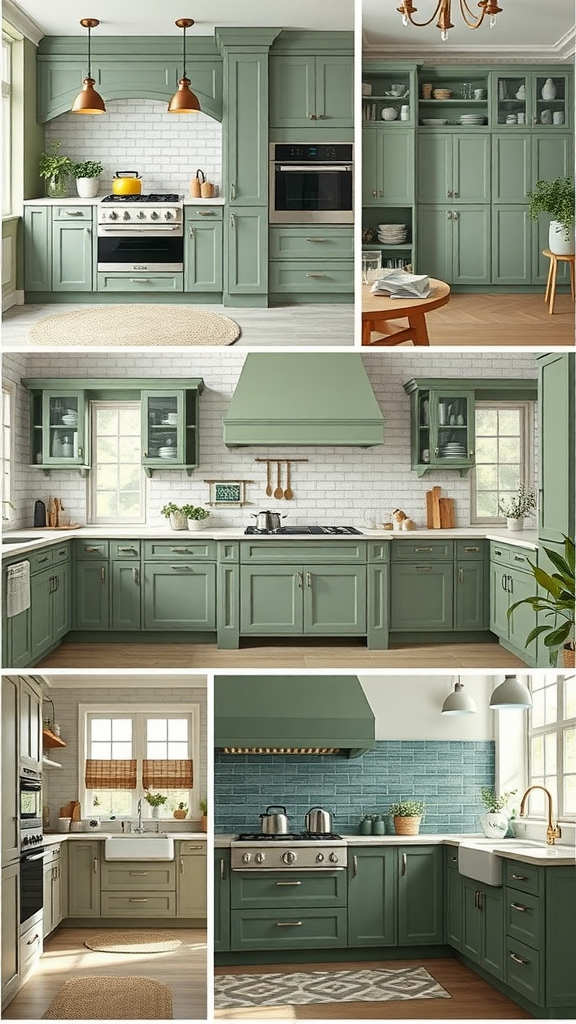 A collage of sage green kitchens with various designs and layouts.