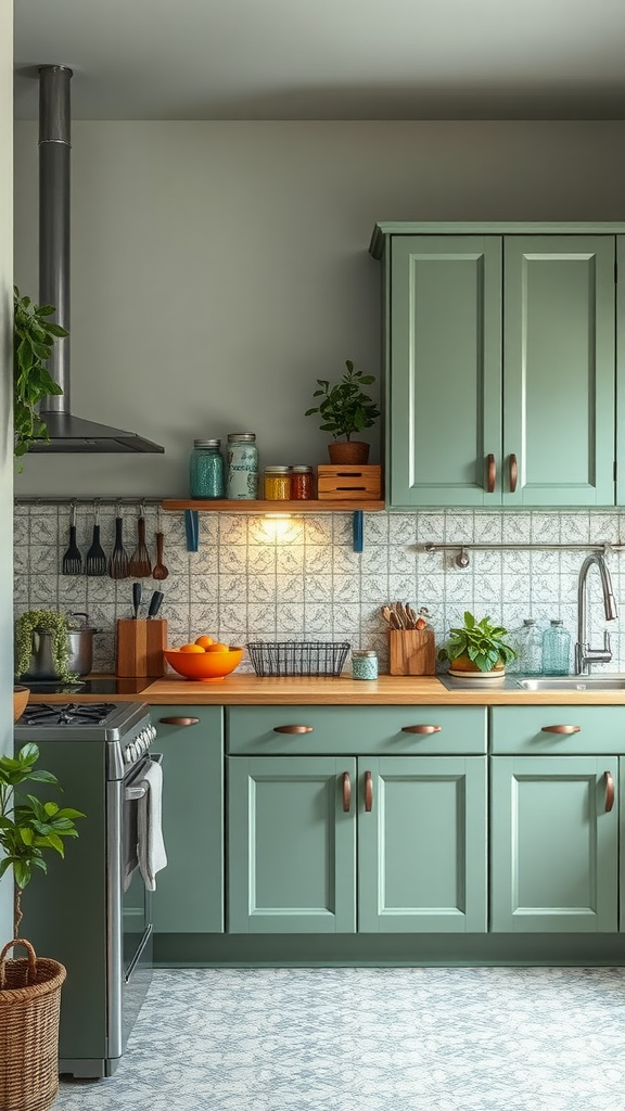 A sage green kitchen featuring wooden countertops, open shelving with colorful jars, and plants.