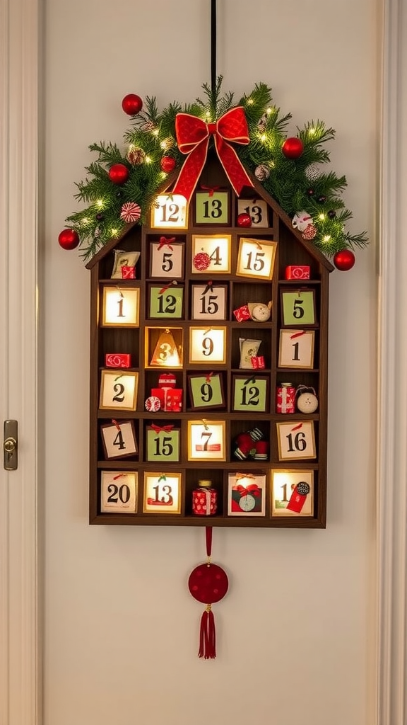 A decorative advent calendar in a home entryway, featuring small gifts and lights.