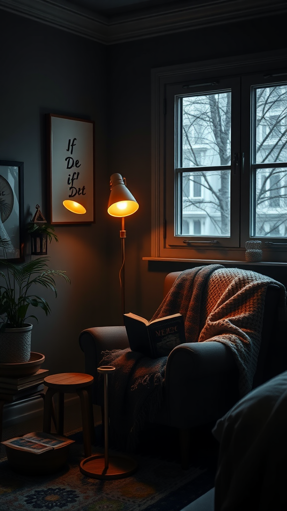 A cozy nook in a dark bedroom with a chair, lamp, and a book.