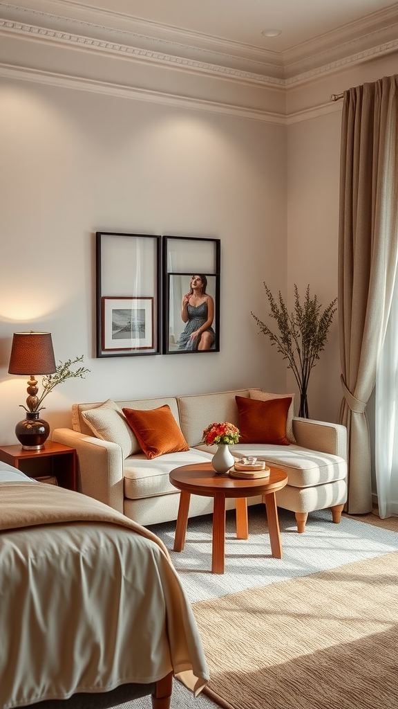 Cozy seating area in a stylish bedroom with a sofa, coffee table, and warm lighting.