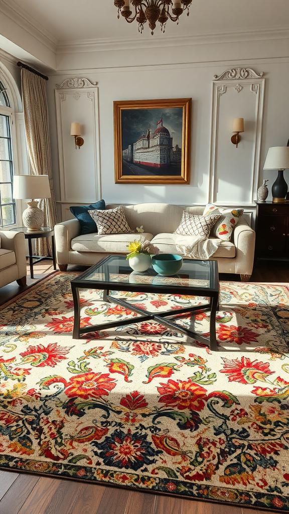 A beautifully designed area rug with vibrant floral patterns in a cozy living room setting.