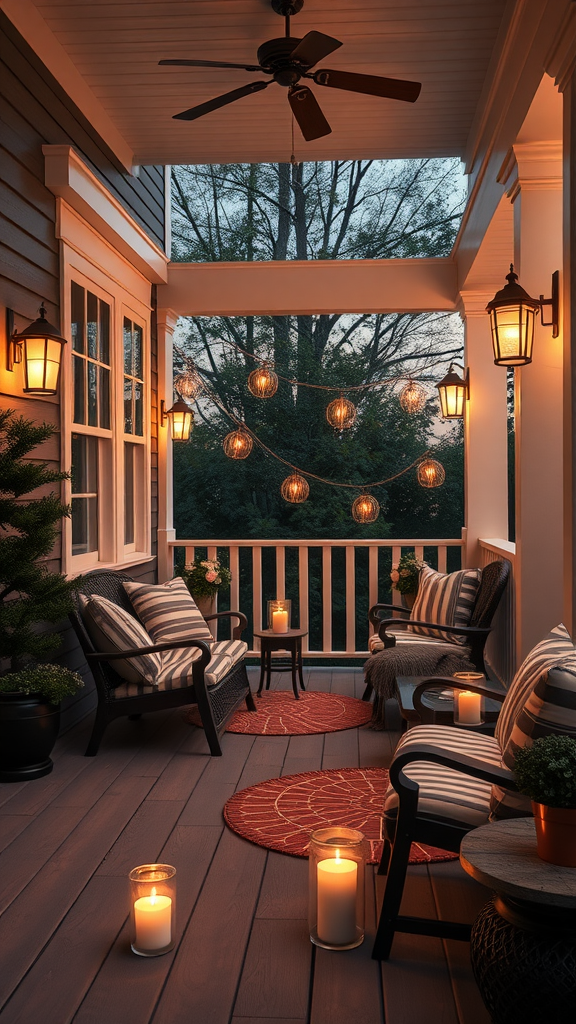 A beautifully decorated eastern porch with cozy seating, string lights, and candles creating a warm evening atmosphere.