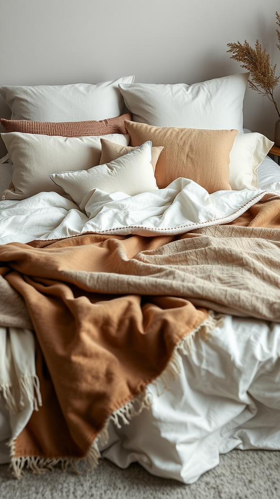 A layered bed with soft pillows and warm blankets in neutral tones.