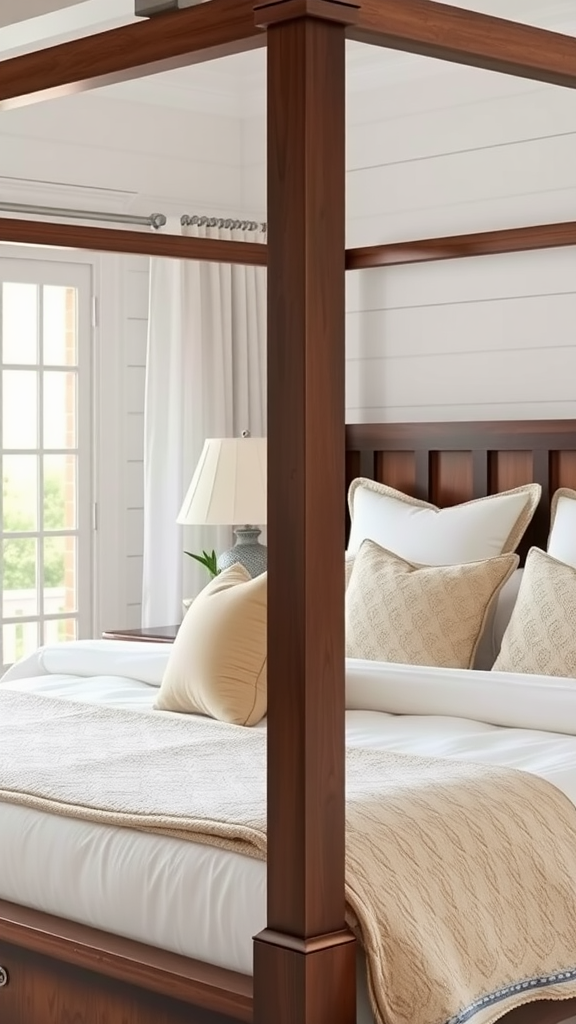 A cozy layered bedding setup on a dark wood four-poster bed in a bright bedroom.