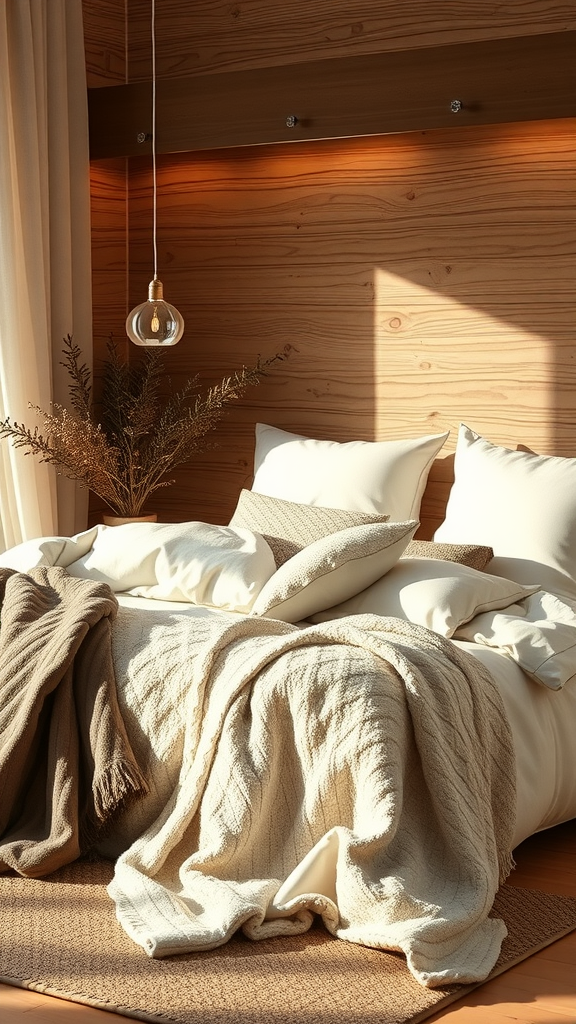 Cozy bedroom with layered textiles, featuring soft blankets and pillows in neutral tones, with natural wood accents.