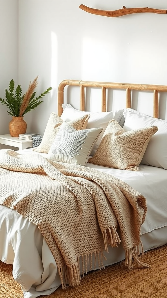 Cozy bedroom with layered textiles, featuring a chunky knit blanket, patterned pillows, and a wooden headboard.
