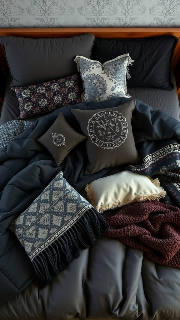 A cozy bed with layered textiles including various pillows and blankets, showcasing a gothic boho style. 25 Stunning Gothic Boho Bedroom Ideas to Transform Your Space