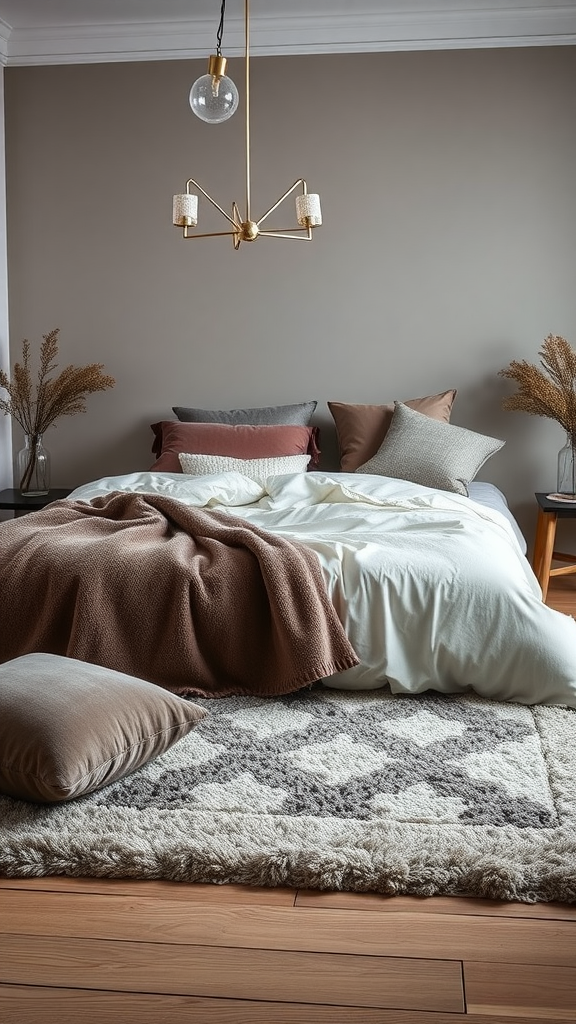 Cozy dark bedroom with layered textures like blankets and pillows.