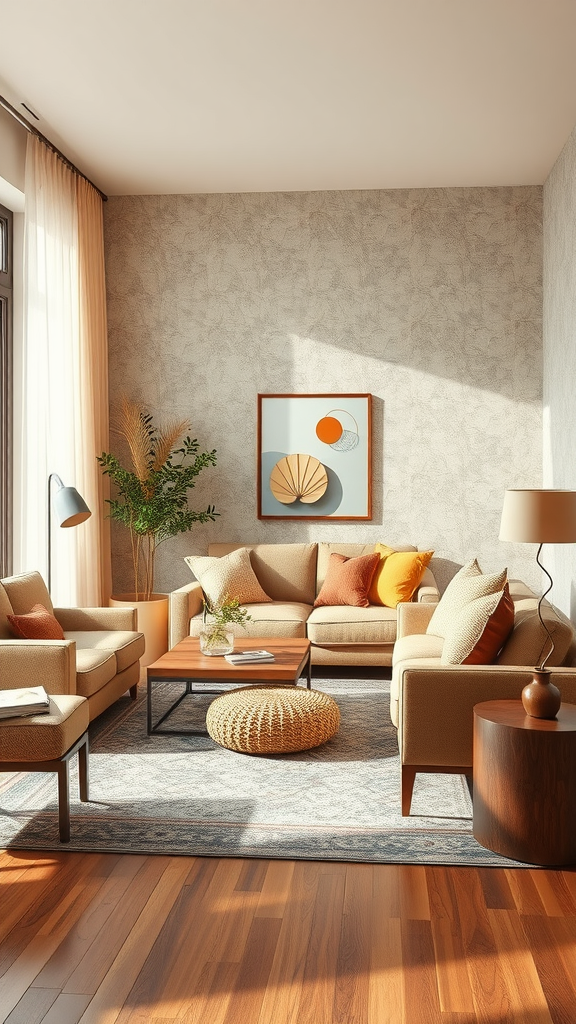 Cozy living room with warm colors, plush furniture, and natural elements.