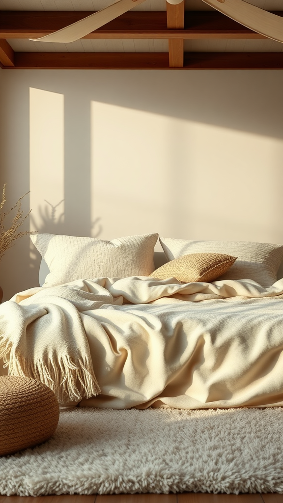 A cozy cream bedroom with layered textures, featuring a plush bed with various pillows and throws, and a fuzzy rug on the floor.