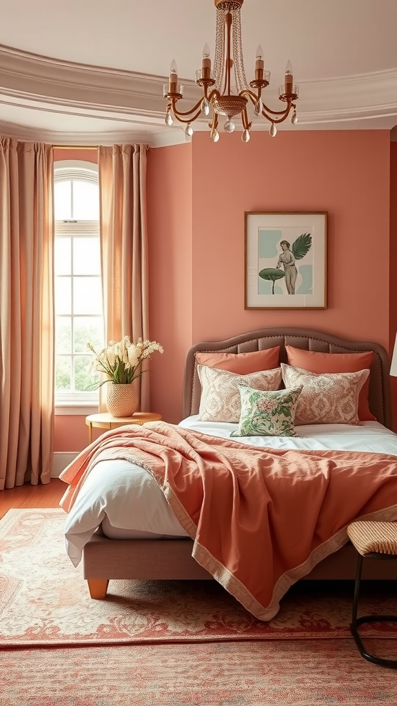 A coral-themed bedroom featuring soft coral walls, a cozy bed with coral blankets and pillows, elegant curtains, and a stylish chandelier.