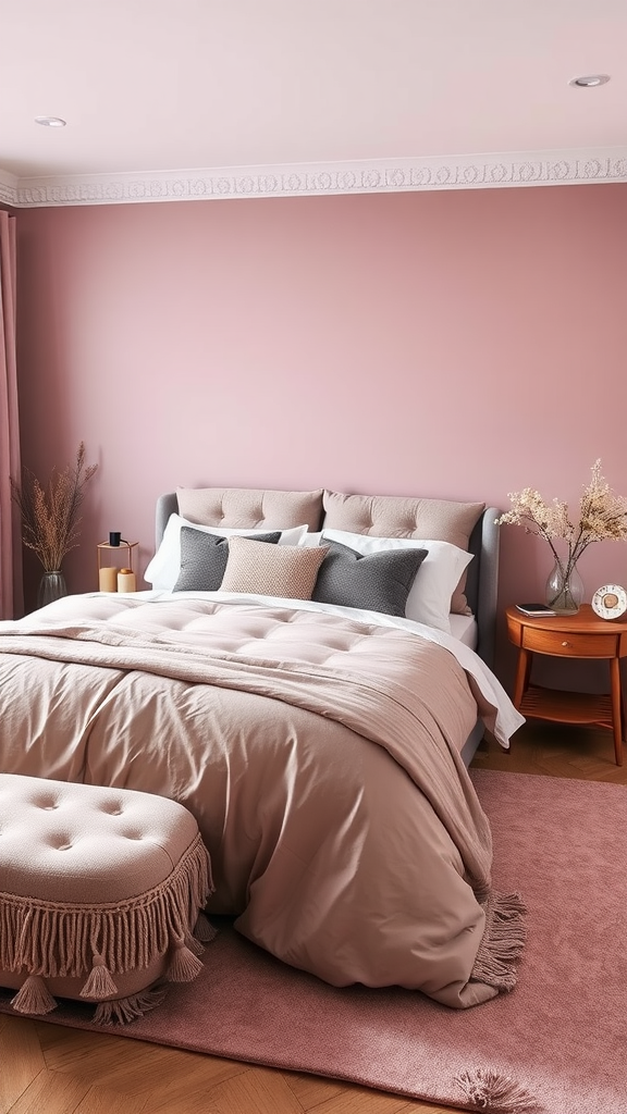 A cozy mauve bedroom with soft textures and neutral accents.
