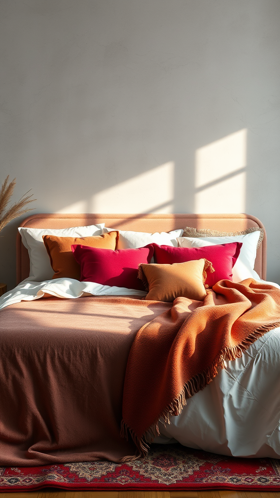 Cozy cherry bedroom with layered textures, featuring pillows and a warm blanket.