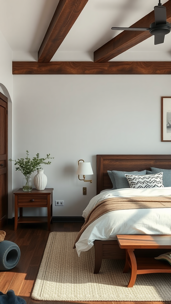 Cozy coastal bedroom with dark wood furniture and light walls